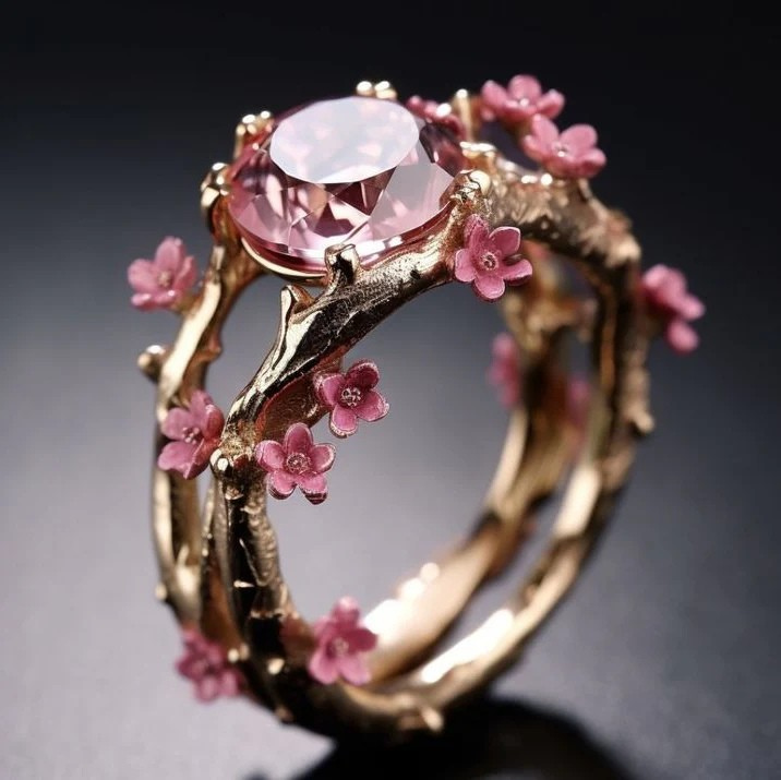 Elegantní Krystal Pink Květina Prsten | Zlatý