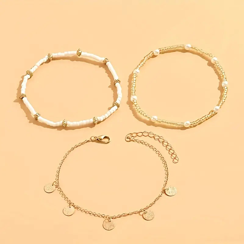 Coastal Charm 3-Piece Layered Anklet Sada | Zlatý