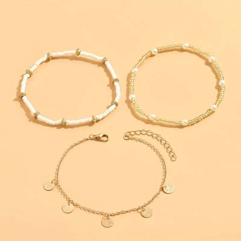 Coastal Charm 3-Piece Layered Anklet Sada | Zlatý