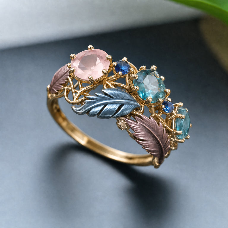 Antique Exotic Feather Krystal Prsten | Zlatý
