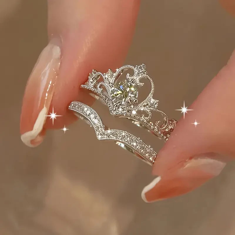 Shiny Crown Stříbrný Sada prstenů | Bílé zlato