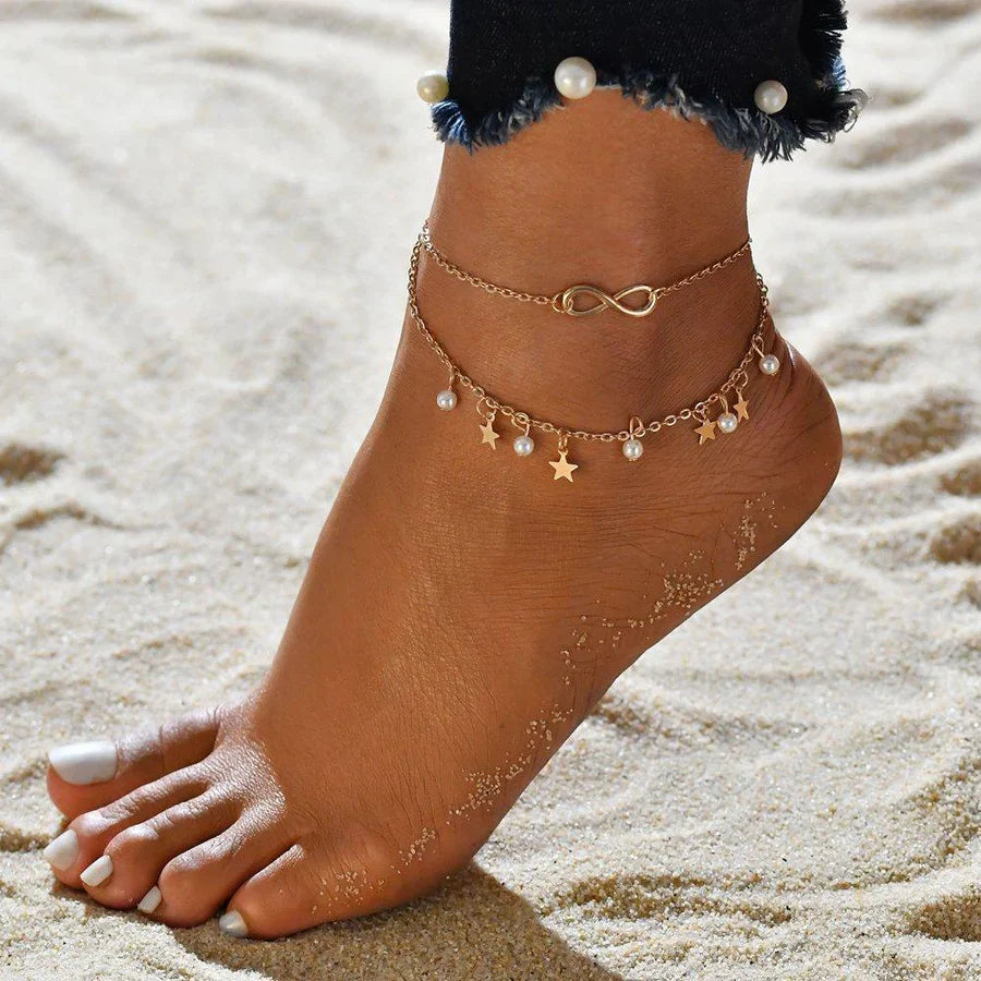 Infinity Anklet Náramek + Perly a Stars | Zlatý