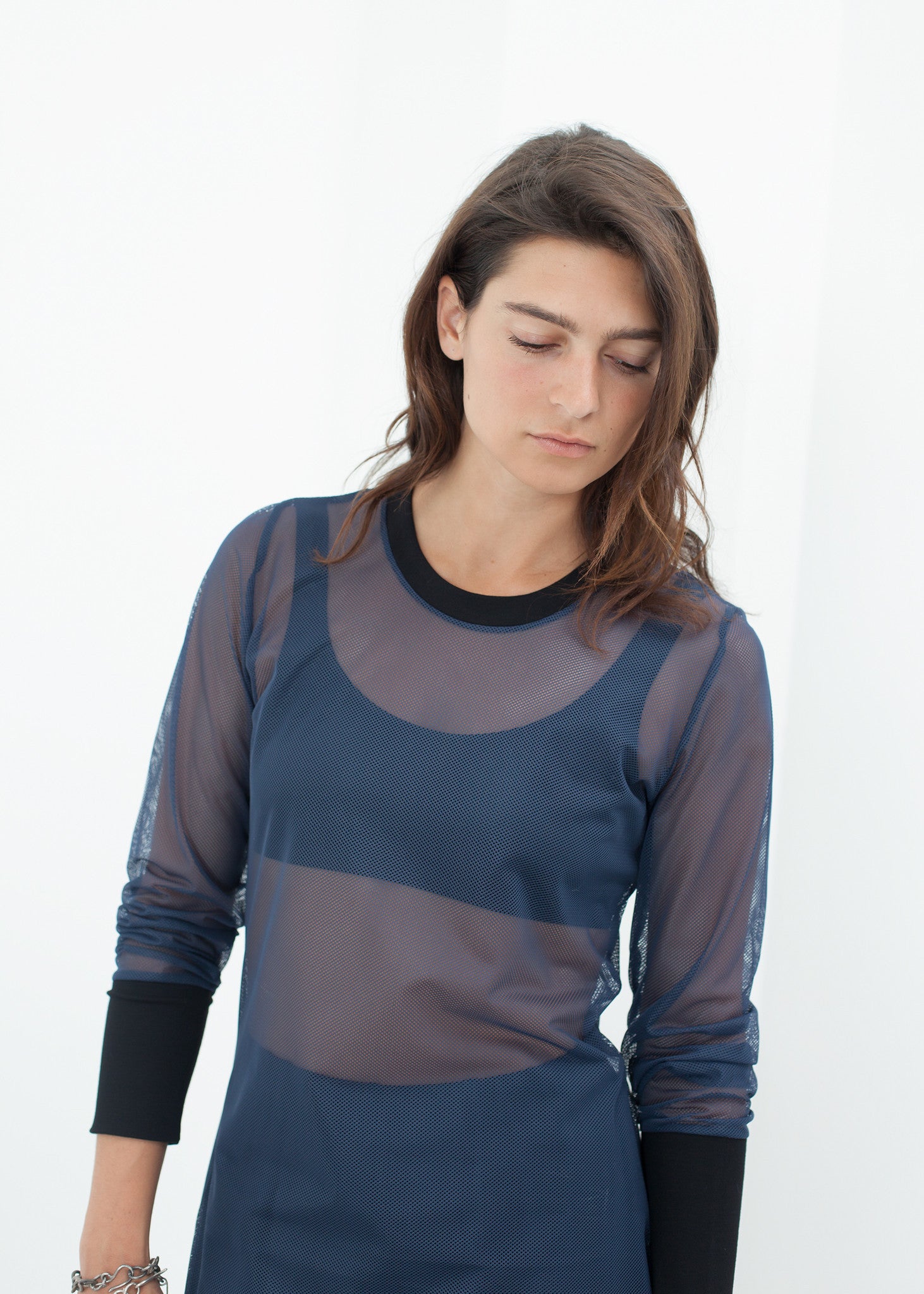 Rowan Lane Women's Cuffed Mesh Tee in Navy/Black - Rowan Lane London Womenswear
