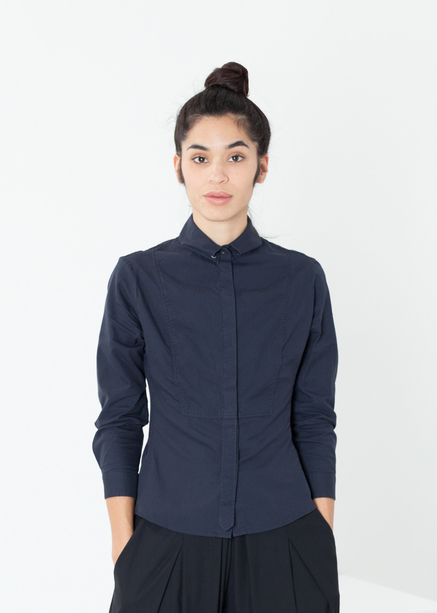 Rowan Lane Women's Wrinkled Tux Shirt in Navy - Rowan Lane London Womenswear