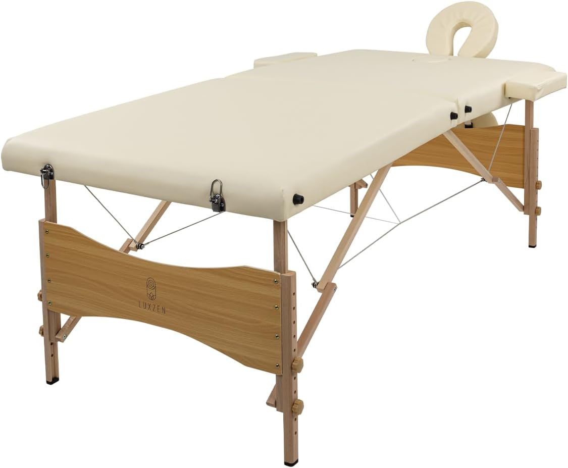 LUXZEN - Cama para Masajes Portatil Plegable Profesional con Estuche y Altura Ajustable Camilla Fisioterapia Ideal para Tatuar SPA Quiropraxia o Facial (Extra Grande 85cm Ancho) (Beige)