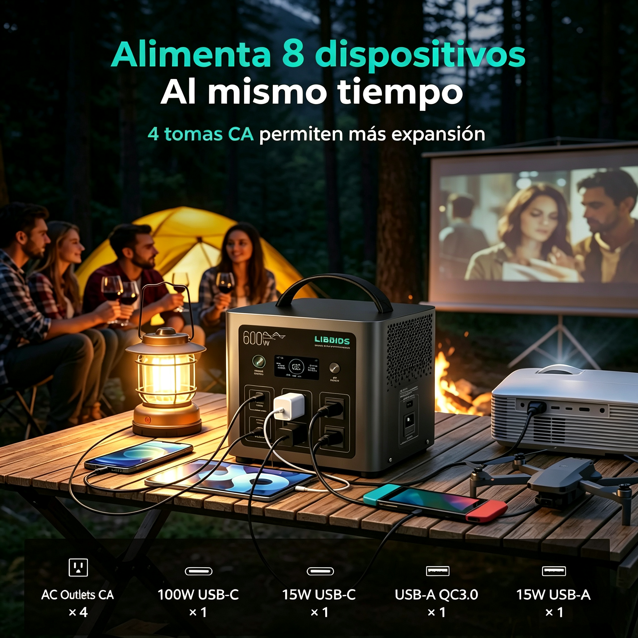 Estación de energía portátil LIBRIDS C600: respaldo para el hogar, camping y cortes de luz; generador solar con batería LiFePO4 de 640 Wh, 8 puertos y carga ultrarrápida (0-80 % en 1 hora); fuente de energía de emergencia, ideal para viajes, autocaravanas