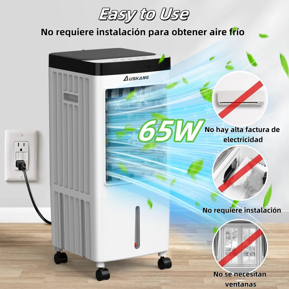 Auskang Aire Acondicionado Portátil 10L - 4 en 1 Enfriador de Aire,Ventilador de Frío Portátil Silencioso con 3 Cajas de Hielo,Control Remoto y Temporizador para Dormitorio Habitación Oficina
