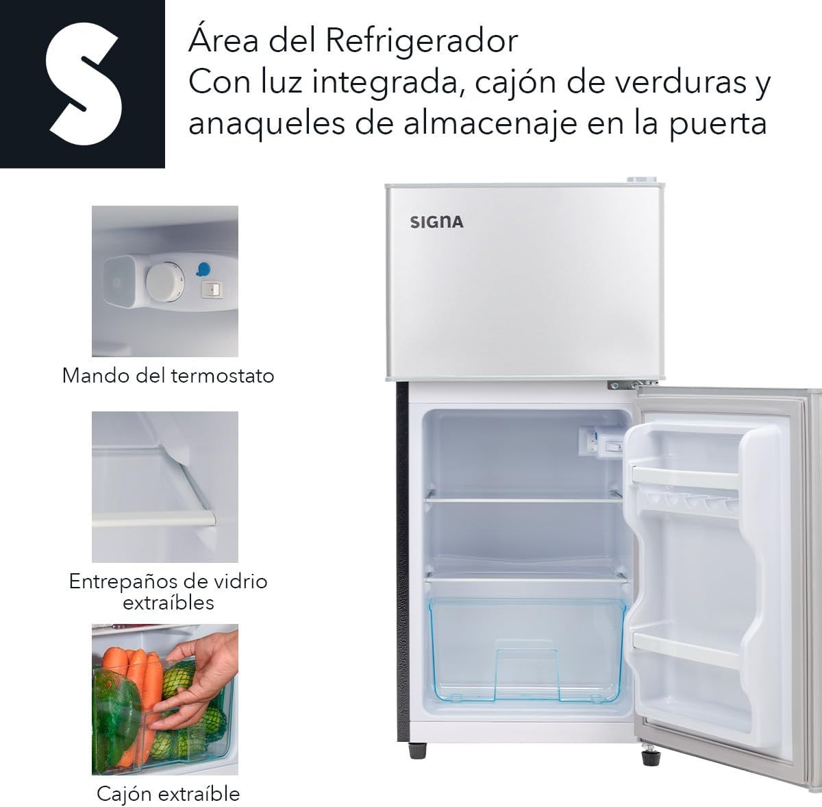 SIGNA Mini Refrigerador 86L (3 pies cubicos) Frigobar Compacto Silver Refrigerador Pequeño Con congelador de Acero Inoxidable Ideal Para Espacios Pequeños Frigobar Mini Multifuncional
