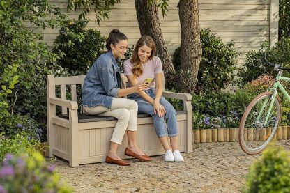 Keter Banco de jardín Eden, Caja de Almacenamiento de Jardin, Cerradura, Polipropileno, Blanco y Marrón
