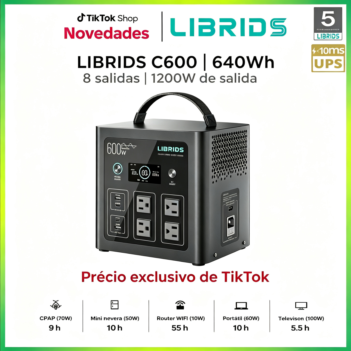 Estación de energía portátil LIBRIDS C600: respaldo para el hogar, camping y cortes de luz; generador solar con batería LiFePO4 de 640 Wh, 8 puertos y carga ultrarrápida (0-80 % en 1 hora); fuente de energía de emergencia, ideal para viajes, autocaravanas