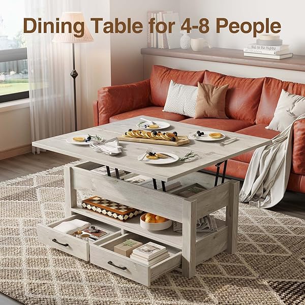 Mesa de centro con cubierta elevable, convertible, multifunción, con cajones y compartimiento oculto, se convierte en mesa de comedor, para sala de estar, oficina en casa, gris