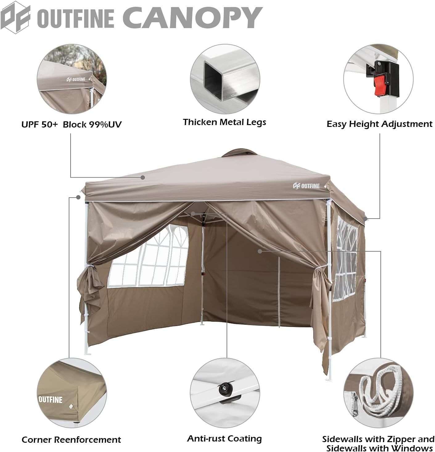 OUTFINE - Toldo desplegable de 10 x 10 pies, para cenador instantáneo, totalmente impermeable, toldos para fiestas al aire última intervensión con 4 paredes laterales extraíbles, estacas x 8, cuerdas x 4 (negro, 10 x 10 pies)