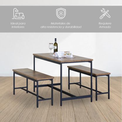 Juego de Comedor Industrial de Madera y Metal | Mesa con Sillas o Bancas | Set para 2 o 4 Personas (4 Sillas - Set para 4 Personas)