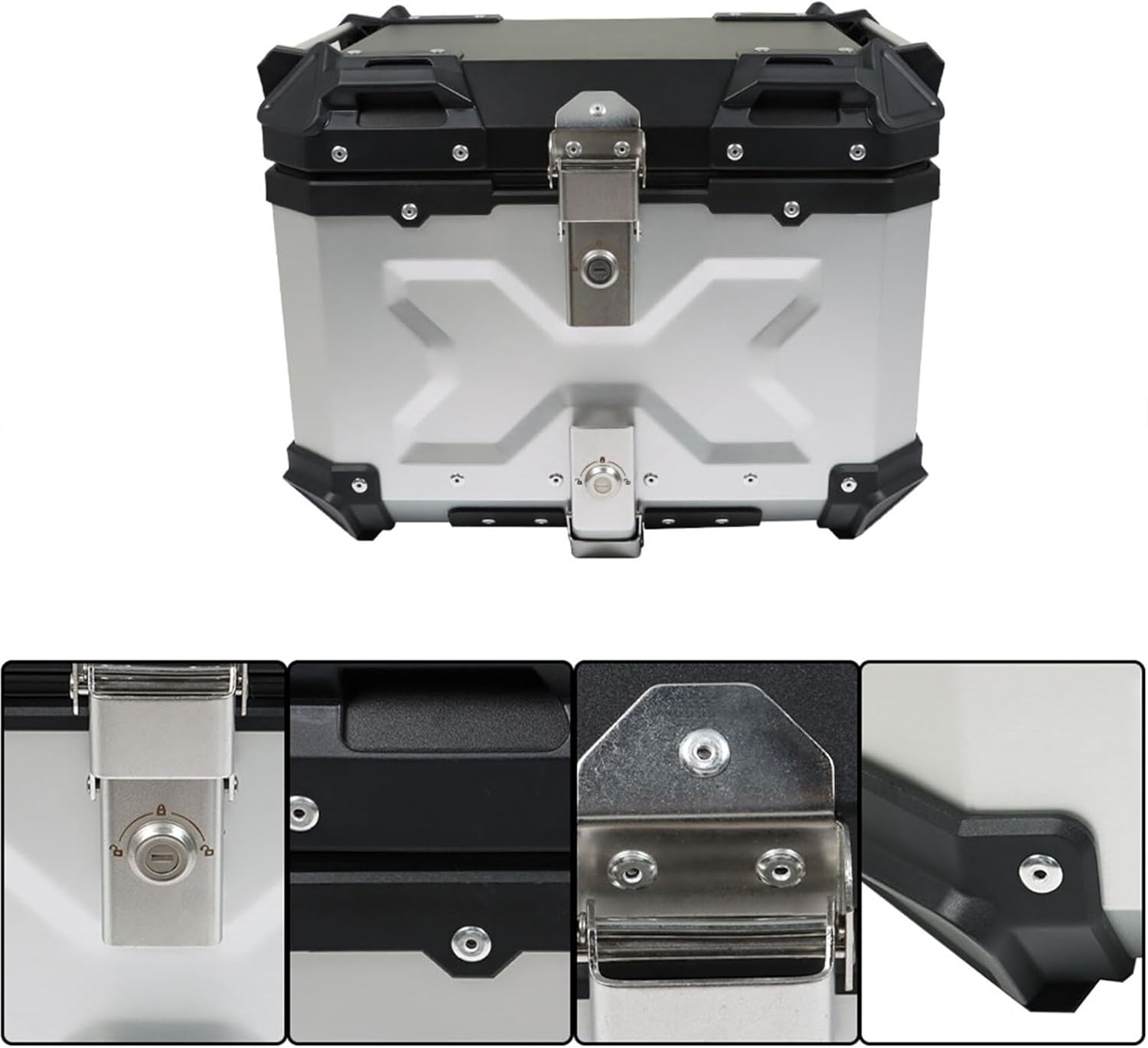 Labwork - Caja trasera para motocicleta de 45 l, con placa de montaje, aleación de aluminio dura, cierre de seguridad contra robo, metal plateado, caja trasera para maletero