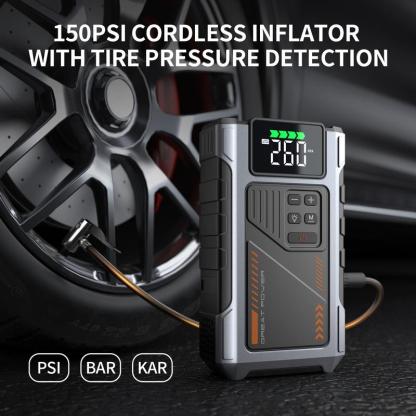Arrancador de batería portátil para coche con compresor de aire, pico de 5000 A (para motores de gasolina de hasta 8.0 L y diésel de hasta 6.5 L), inflador de neumáticos de 150 PSI, batería de 15000 mAh y luz LED. Modelo W100.