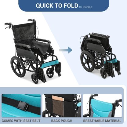 Monicare - Silla de ruedas para adultos con reposapiés abatible y frenos de mano con cierre de bucle, silla de rueda de asiento de 17.5 pulgadas, rueda trasera de 15 pulgadas, ligera, ultraligera,