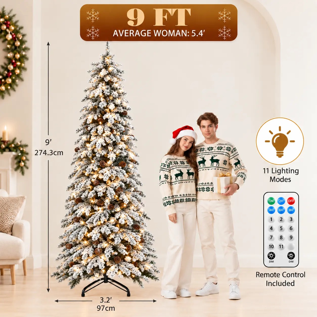 【11 modos de iluminación】 Árbol de Navidad artificial YITAHOME (disponible en 4,5 / 6 / 7,5 / 9 pies) con puntas de PVC y luces de color blanco cálido; ideal para la decoración del hogar o la oficina.