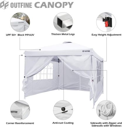OUTFINE - Toldo desplegable de 10 x 10 pies, para cenador instantáneo, totalmente impermeable, toldos para fiestas al aire última intervensión con 4 paredes laterales extraíbles, estacas x 8, cuerdas x 4 (negro, 10 x 10 pies)