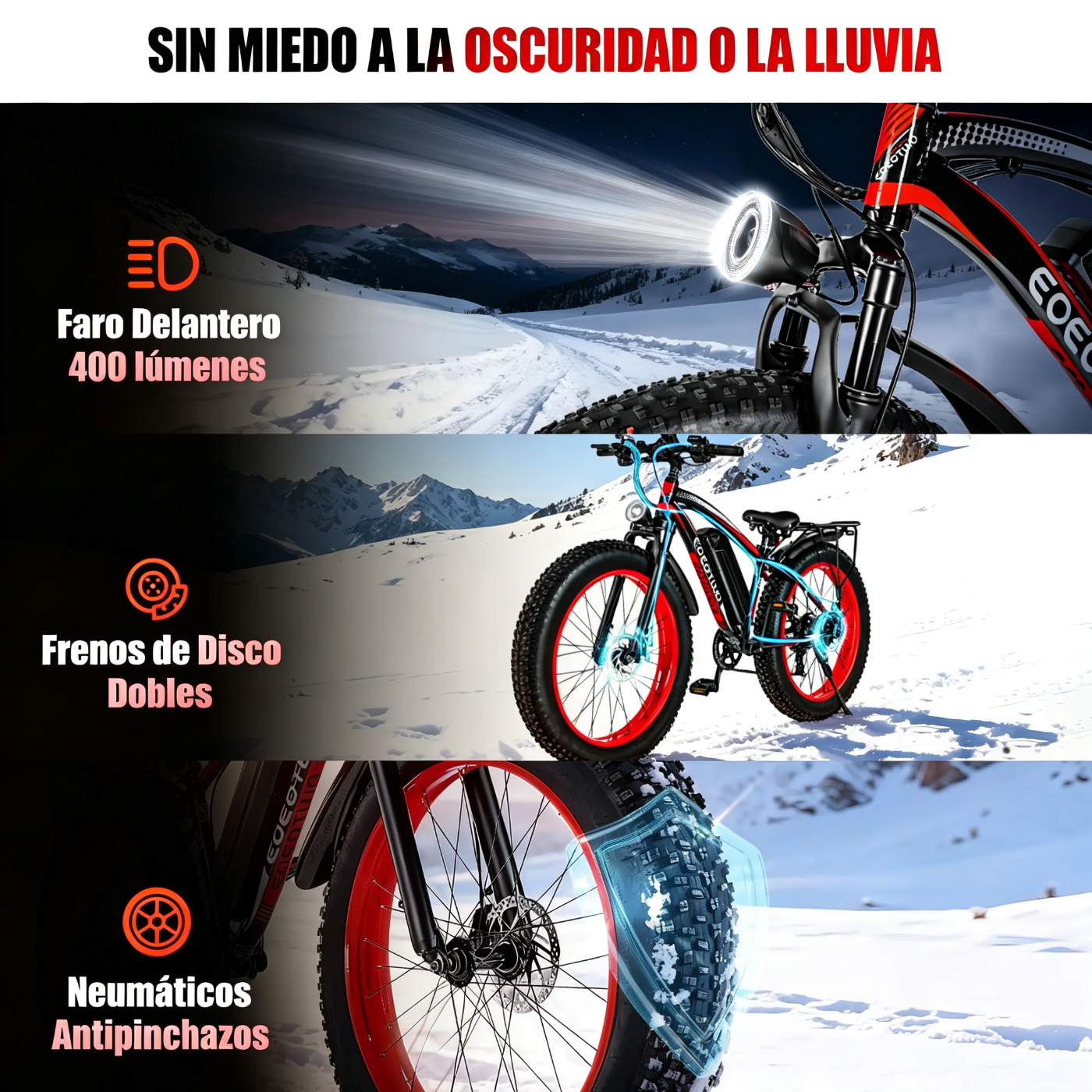 Bicicleta eléctrica con motor de 1500 W de potencia máxima, suspensión delantera, batería de 48 V y 15 Ah, neumáticos de 26" x 4,0", velocidad superior a 30 mph y autonomía de 70 millas; ideal para nieve, montaña y carretera.