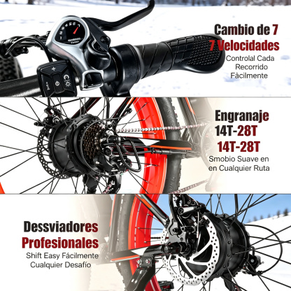 Bicicleta eléctrica con motor de 1500 W de potencia máxima, suspensión delantera, batería de 48 V y 15 Ah, neumáticos de 26" x 4,0", velocidad superior a 30 mph y autonomía de 70 millas; ideal para nieve, montaña y carretera.