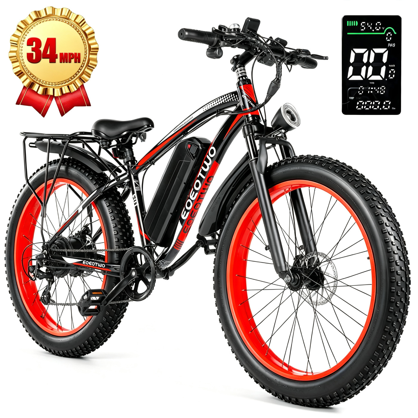 Bicicleta eléctrica con motor de 1500 W de potencia máxima, suspensión delantera, batería de 48 V y 15 Ah, neumáticos de 26" x 4,0", velocidad superior a 30 mph y autonomía de 70 millas; ideal para nieve, montaña y carretera.