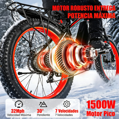 Bicicleta eléctrica con motor de 1500 W de potencia máxima, suspensión delantera, batería de 48 V y 15 Ah, neumáticos de 26" x 4,0", velocidad superior a 30 mph y autonomía de 70 millas; ideal para nieve, montaña y carretera.