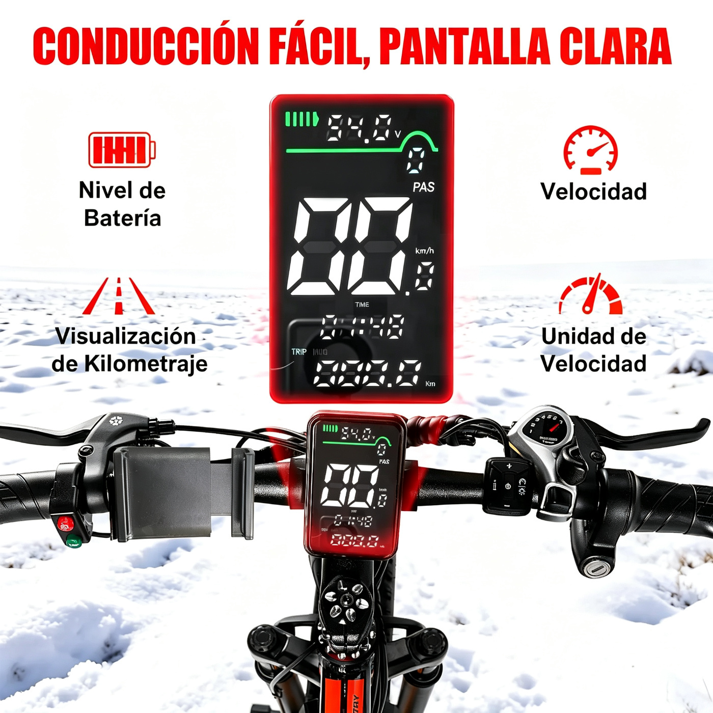 Bicicleta eléctrica con motor de 1500 W de potencia máxima, suspensión delantera, batería de 48 V y 15 Ah, neumáticos de 26" x 4,0", velocidad superior a 30 mph y autonomía de 70 millas; ideal para nieve, montaña y carretera.