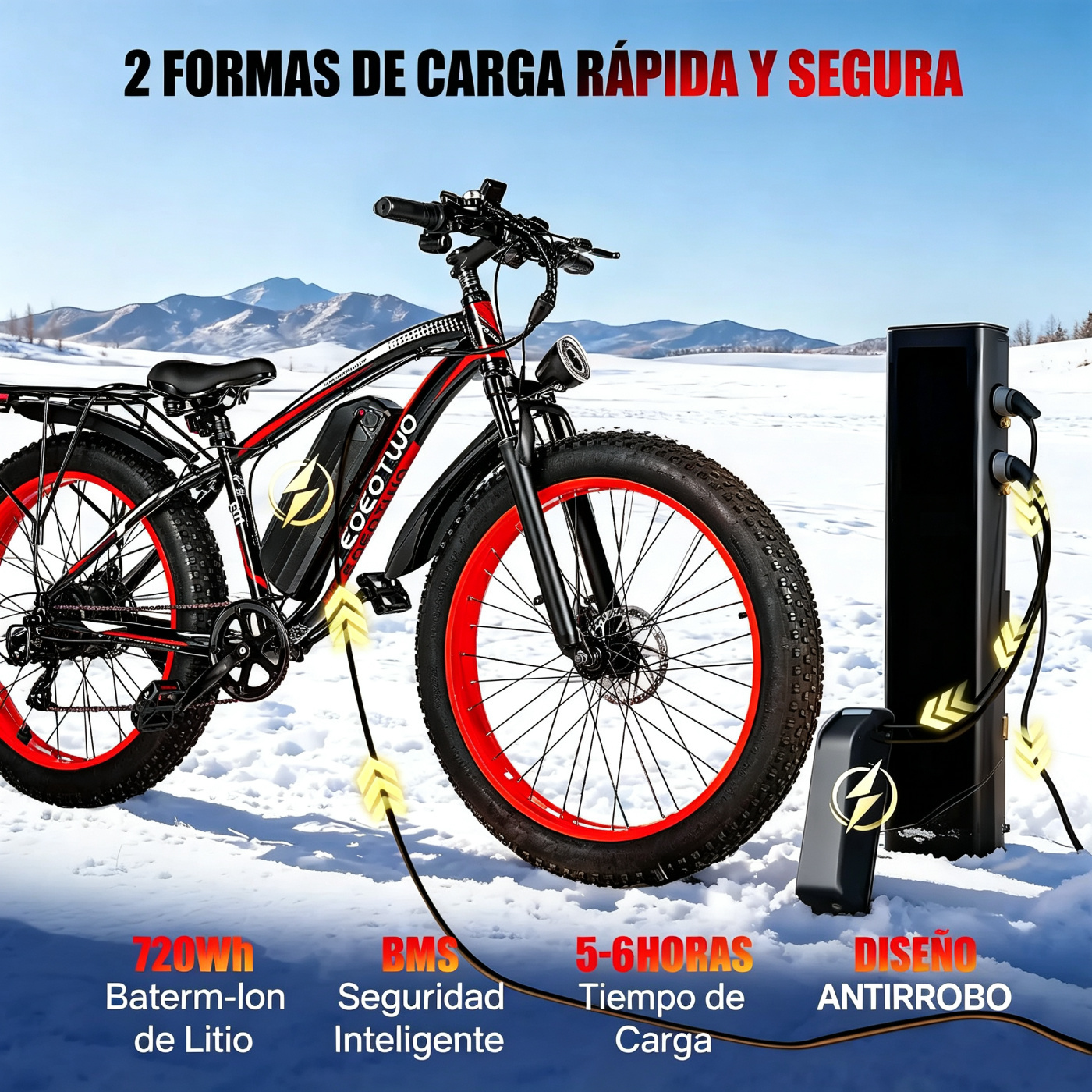 Bicicleta eléctrica con motor de 1500 W de potencia máxima, suspensión delantera, batería de 48 V y 15 Ah, neumáticos de 26" x 4,0", velocidad superior a 30 mph y autonomía de 70 millas; ideal para nieve, montaña y carretera.