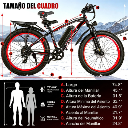 Bicicleta eléctrica con motor de 1500 W de potencia máxima, suspensión delantera, batería de 48 V y 15 Ah, neumáticos de 26" x 4,0", velocidad superior a 30 mph y autonomía de 70 millas; ideal para nieve, montaña y carretera.