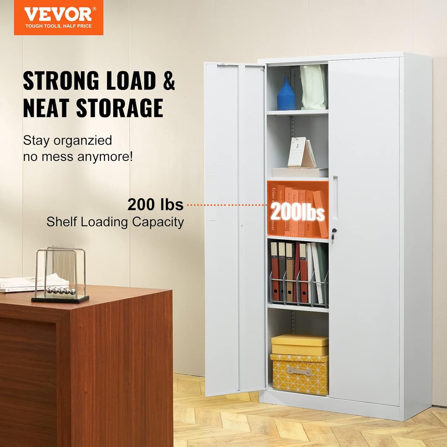 Metal Storage Cabinet with Wheels, 75'' Locking Steel Storage Cabinet with 2 Magnetic Doors and 4 Adjustable Shelves for Office, Garage, Home