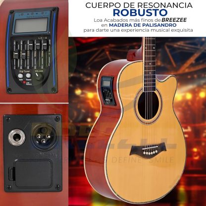BREEZEE Guitarra Electroacústica de 40” Diseñada sobre Abeto, Merbau, Okume y Palisandro. Acabado de Barniz en Pulverización, Incluye Set de Accesorios Completo para Principiante