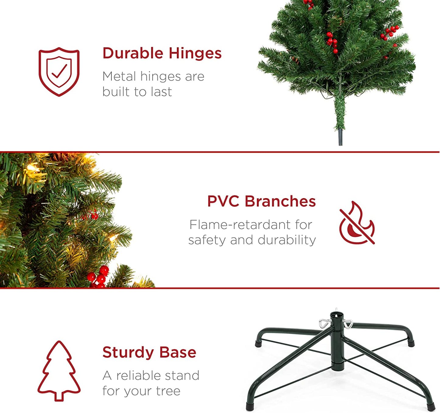 Best Choice Products - Árbol de Navidad artificial preiluminado de 7 pies predecorado con bisagras, con 1.346 puntas, piñas, bayas, 550 luces, base de metal