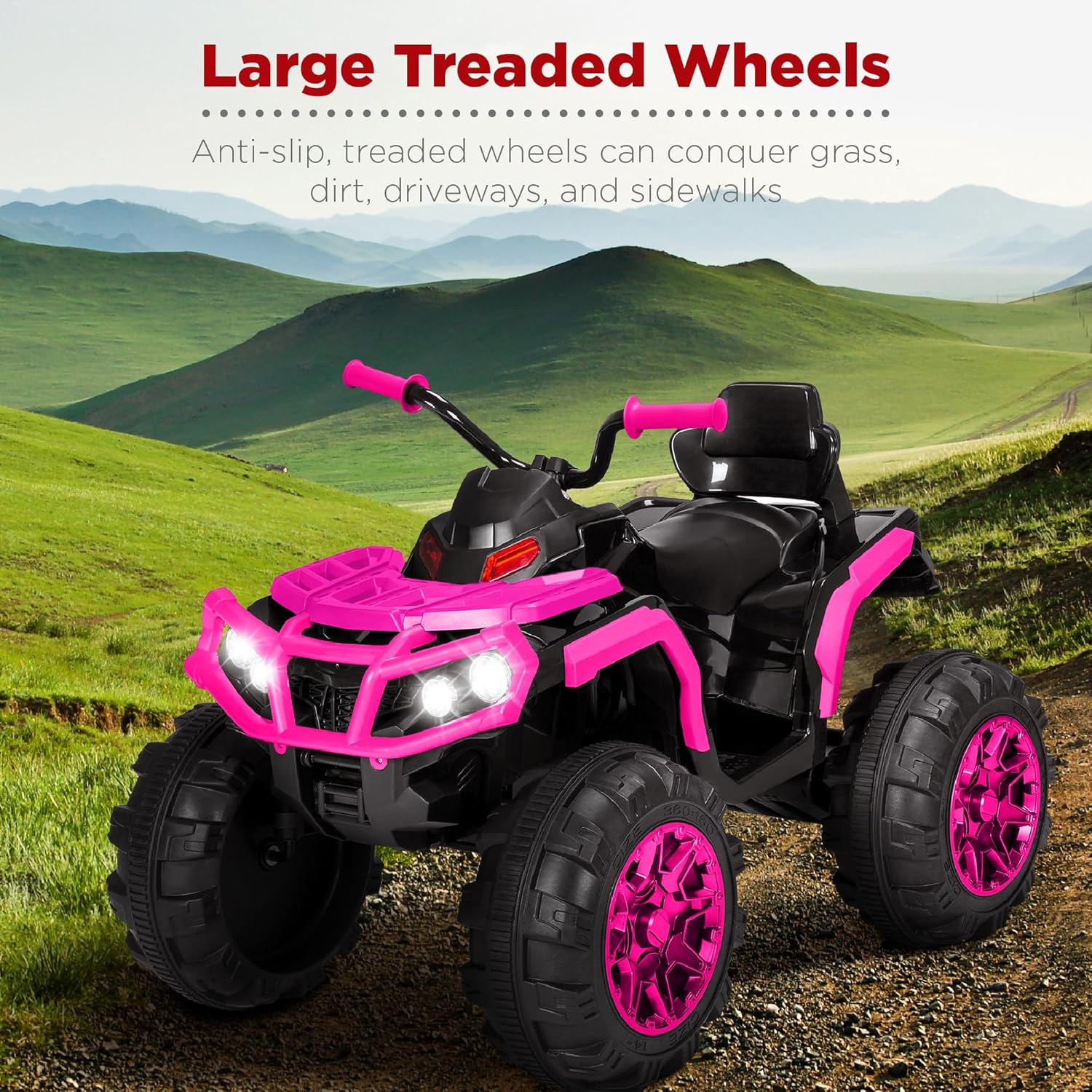 Best Choice Products 12V ATV eléctrico para niños de 4 ruedas con audio Bluetooth, velocidad máxima de 3.7 mph, neumáticos con banda de rodadura, faros LED, radio, color negro