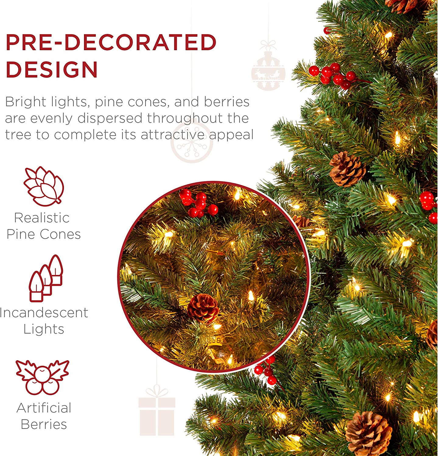 Best Choice Products - Árbol de Navidad artificial preiluminado de 7 pies predecorado con bisagras, con 1.346 puntas, piñas, bayas, 550 luces, base de metal