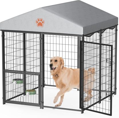 Mr Ironstone- Perrera grande para perros al aire libre con techo resistente al agua, perrera exterior resistente para perros, corral para mascotas, recinto para perros con comedero giratorio y cerradu