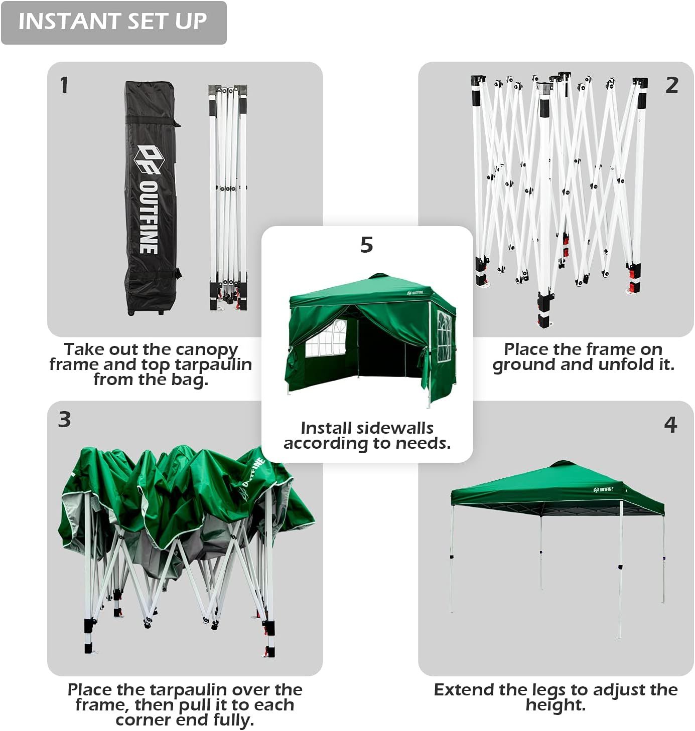 OUTFINE - Toldo desplegable de 10 x 10 pies, para cenador instantáneo, totalmente impermeable, toldos para fiestas al aire última intervensión con 4 paredes laterales extraíbles, estacas x 8, cuerdas x 4 (negro, 10 x 10 pies)