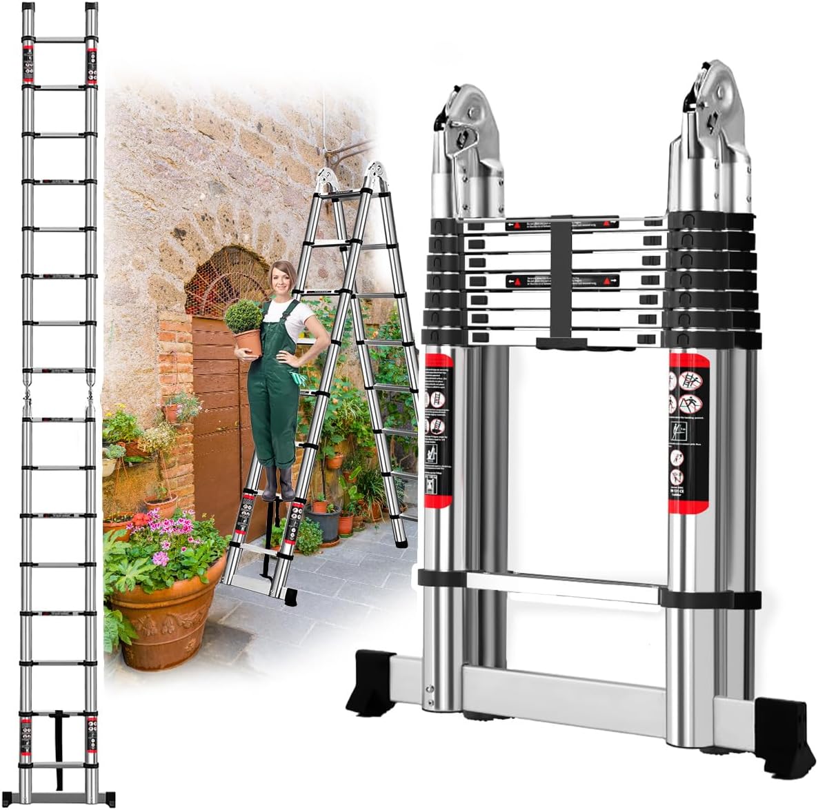 Escalera Telescópica 5 Metros Escalera de Tijera Aceros Inoxidables Plegable 2.5M+2.5M, Multiusos Retráctil Portátiles, Soporta 150 kg con Bloqueos de Seguridad