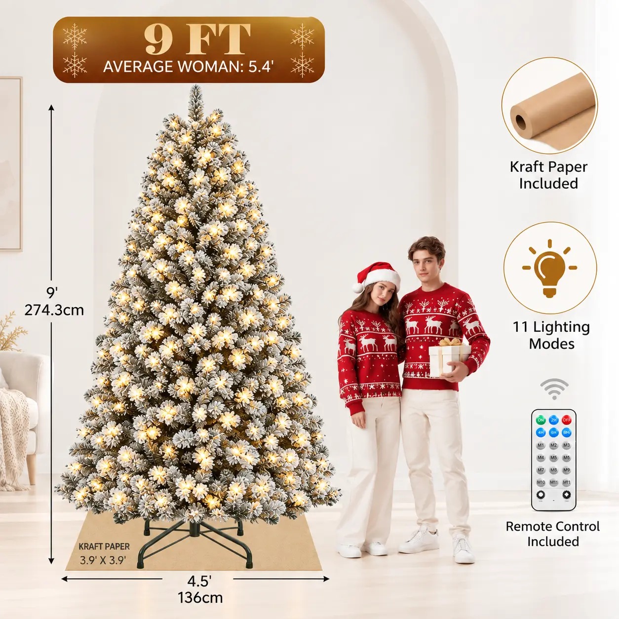 【11 modos de iluminación】 Árbol de Navidad artificial YITAHOME (disponible en 4,5 / 6 / 7,5 / 9 pies) con puntas de PVC y luces de color blanco cálido; ideal para la decoración del hogar o la oficina.