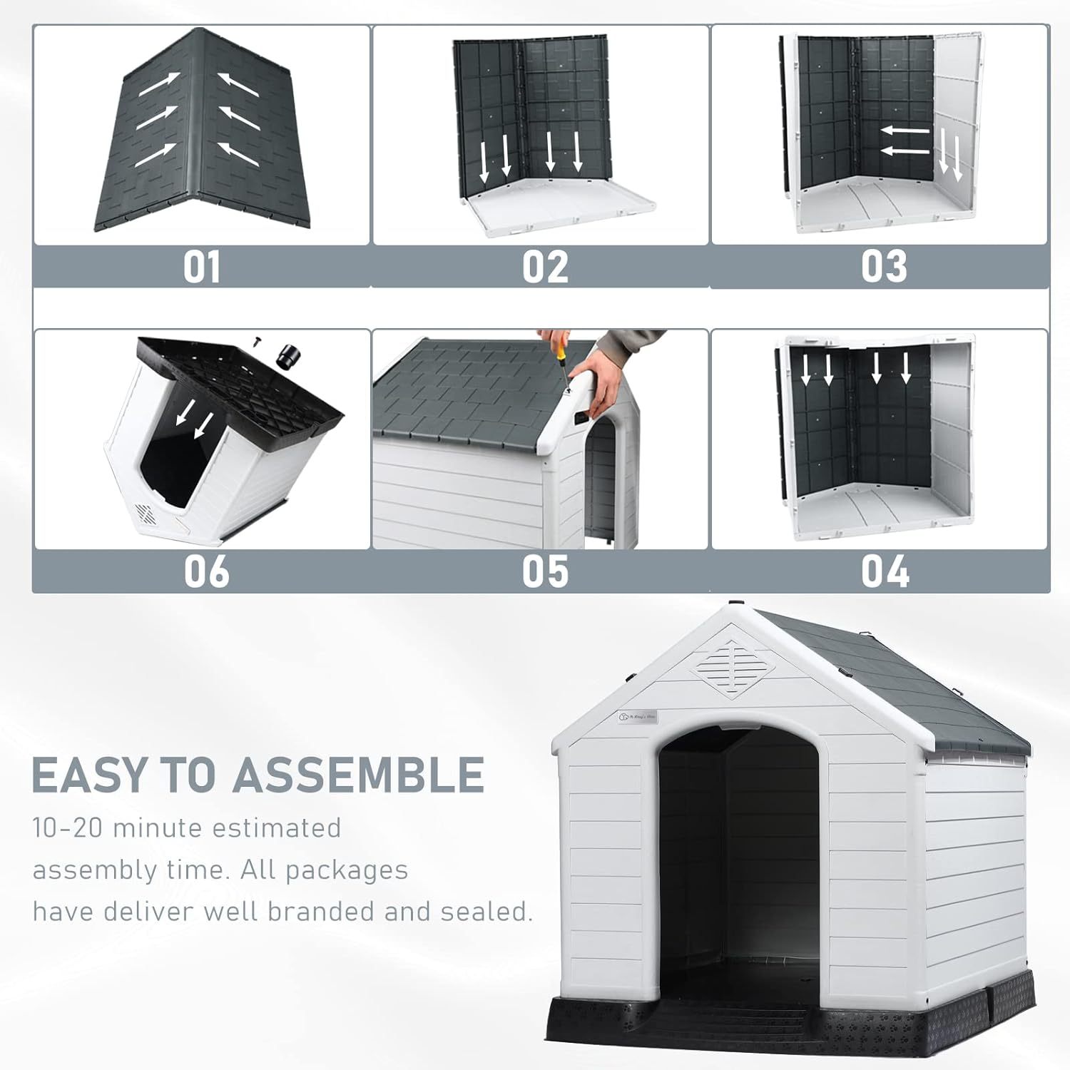 LEMBERI Casa de plástico duradera e impermeable para perros de tamaño pequeño a grande, casa de perro aislada para interiores y exteriores, refugio para cachorros con suelo elevado, fácil de montar, diseño de ventilación para perros