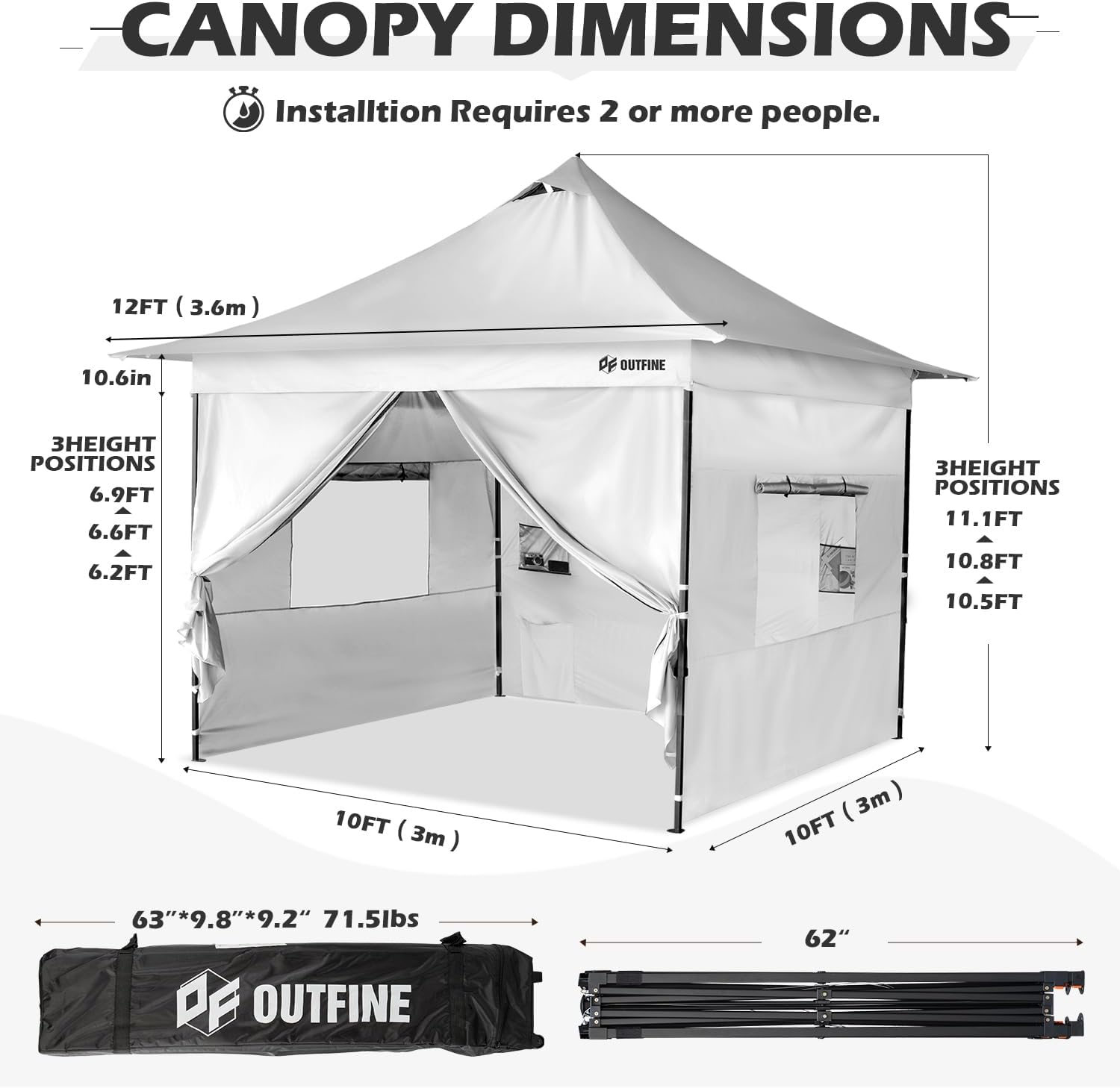 Toldo comercial resistente emergente de 12 x 12" en la parte superior y 10 x 10" en la base, marco de metal reforzado con cables de acero, bolsa con ruedas, paredes laterales x4, bolsas de arena x4, estacas para carpa x8