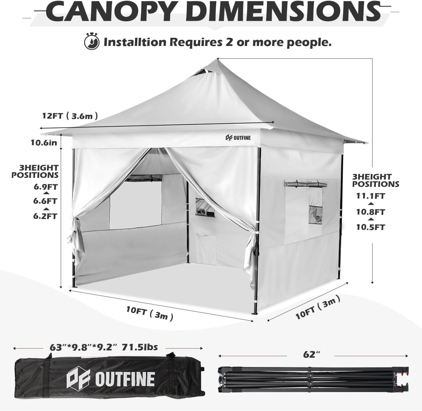 Toldo comercial resistente emergente de 12 x 12" en la parte superior y 10 x 10" en la base, marco de metal reforzado con cables de acero, bolsa con ruedas, paredes laterales x4, bolsas de arena x4, estacas para carpa x8