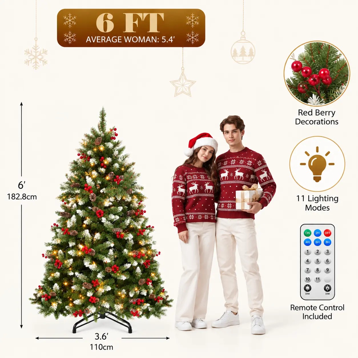【11 modos de iluminación】 Árbol de Navidad artificial YITAHOME (disponible en 4,5 / 6 / 7,5 / 9 pies) con puntas de PVC y luces de color blanco cálido; ideal para la decoración del hogar o la oficina.
