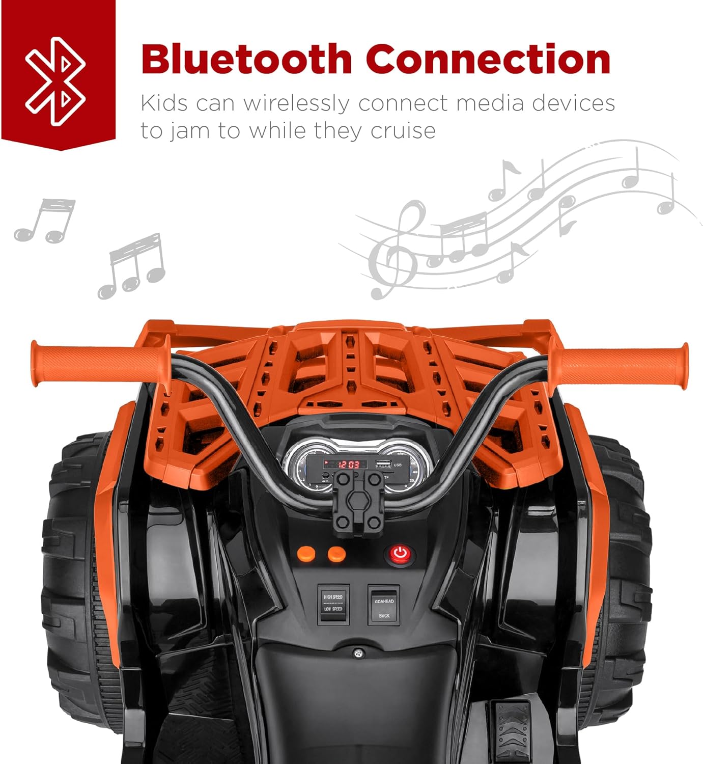 Best Choice Products 12V ATV eléctrico para niños de 4 ruedas con audio Bluetooth, velocidad máxima de 3.7 mph, neumáticos con banda de rodadura, faros LED, radio, color negro