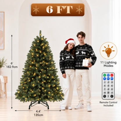 【11 modos de iluminación】 Árbol de Navidad artificial YITAHOME (disponible en 4,5 / 6 / 7,5 / 9 pies) con puntas de PVC y luces de color blanco cálido; ideal para la decoración del hogar o la oficina.