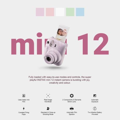 Fujifilm Instax Mini 12 Cámara instantánea + paquete de accesorios MiniMate y funda personalizada compatible + Fuji Instax Film Value Pack (50 hojas) Álbum de fotos de diseño Flamingo (azul pastel)