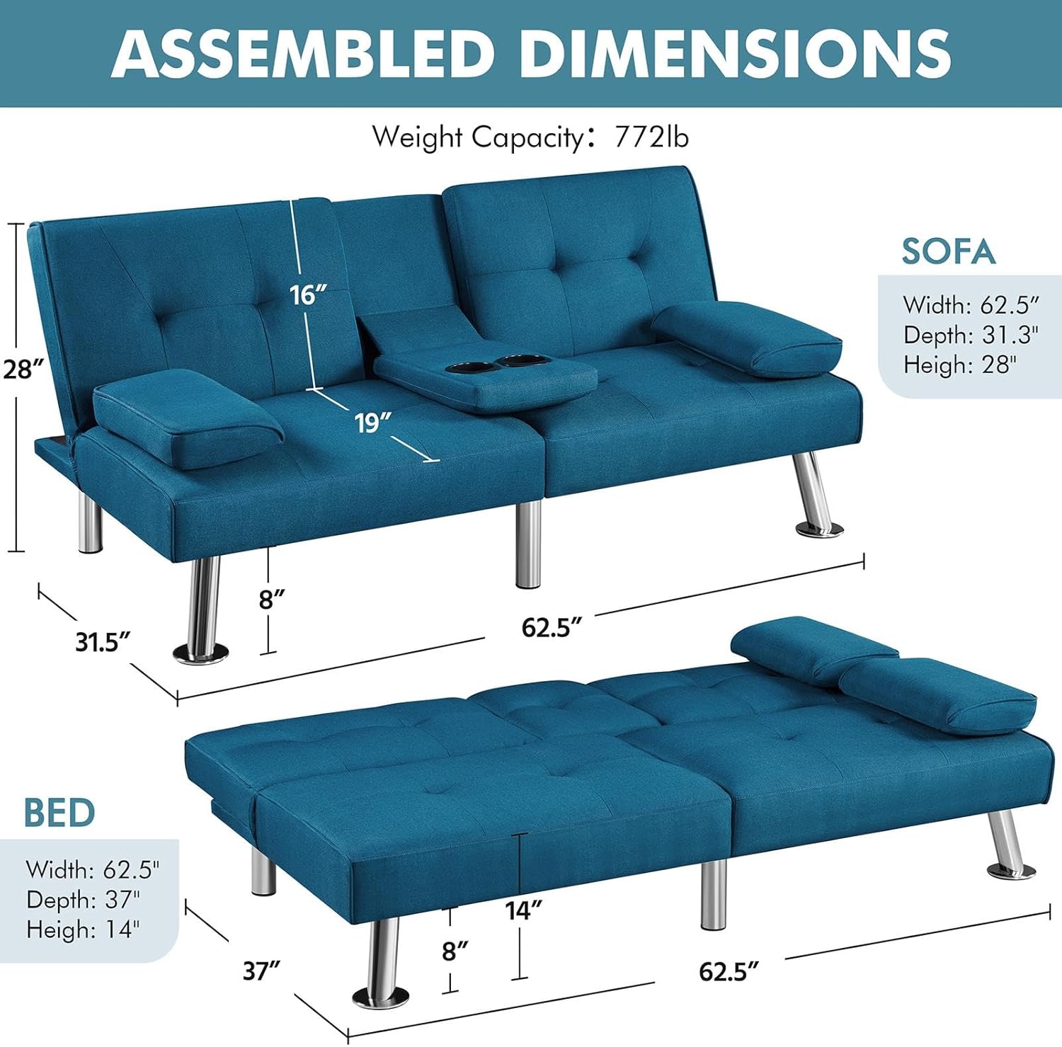 Yaheetech - Sofá Cama Convertible Ajustable, Moderno sillón reclinable de Piel sintética Reversible, sofá Cama Plegable, reposabrazos extraíbles, portavasos, 3 ángulos, Capacidad de 700 Libras, Color