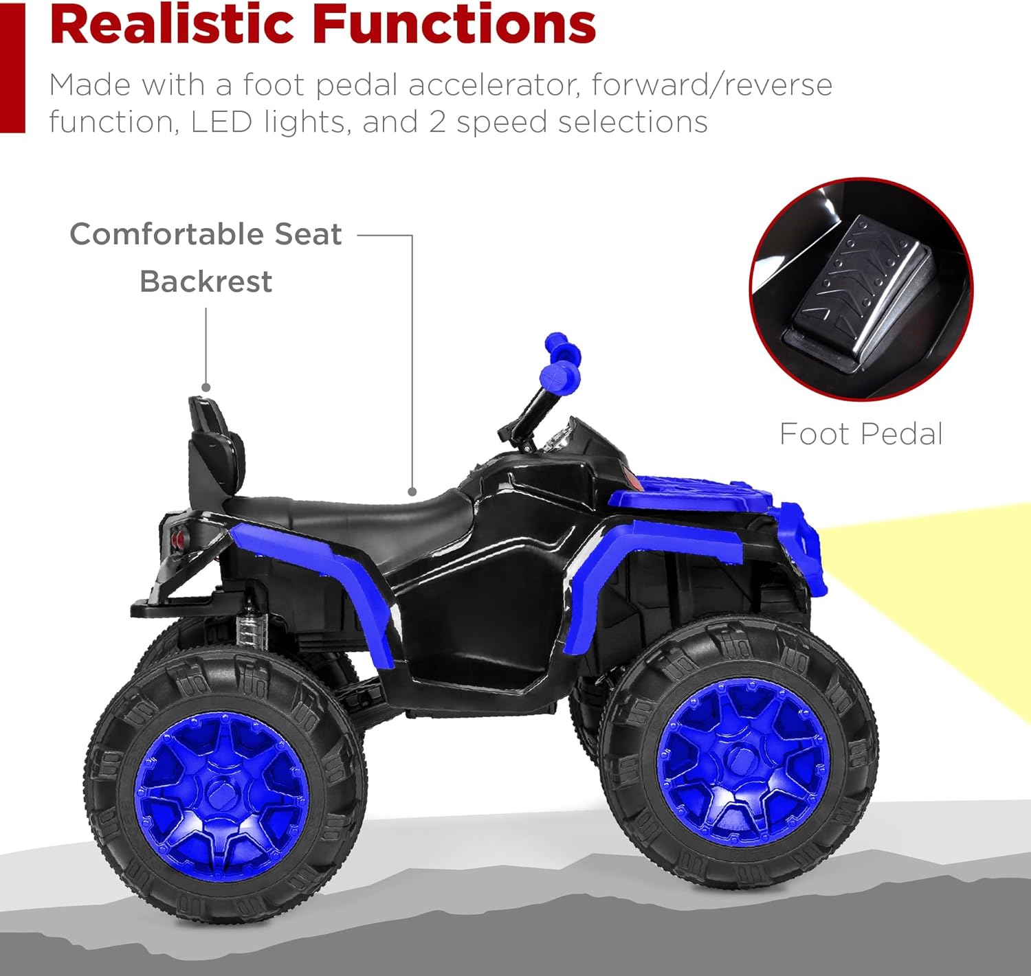 Best Choice Products 12V ATV eléctrico para niños de 4 ruedas con audio Bluetooth, velocidad máxima de 3.7 mph, neumáticos con banda de rodadura, faros LED, radio, color negro