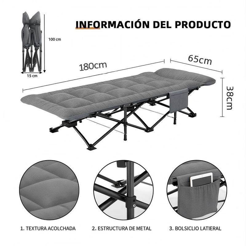 Cama Plegable Extra Grande Gris de 65*180 Cm para Exteriores – Portátil para Camping, Estadios, Viajes y Oficina. Estructura de Metal Resistente con Bolsillos Laterales de Almacenamiento.