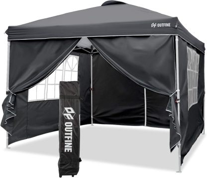OUTFINE - Toldo desplegable de 10 x 10 pies, para cenador instantáneo, totalmente impermeable, toldos para fiestas al aire última intervensión con 4 paredes laterales extraíbles, estacas x 8, cuerdas x 4 (negro, 10 x 10 pies)