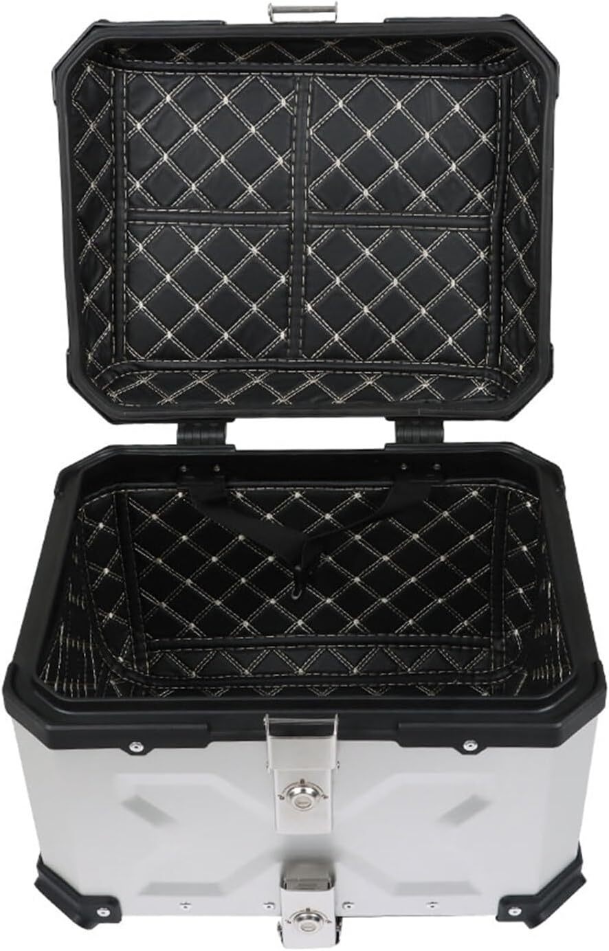 Labwork - Caja trasera para motocicleta de 45 l, con placa de montaje, aleación de aluminio dura, cierre de seguridad contra robo, metal plateado, caja trasera para maletero